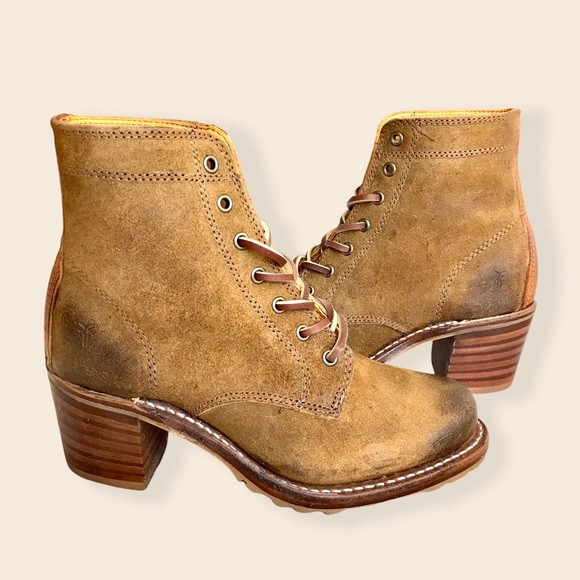 Frye Sabrina 6G Tan Suede/Leather Retro Lace Up Classic Combat Moto Ankle Boots - Picture 15 of 16